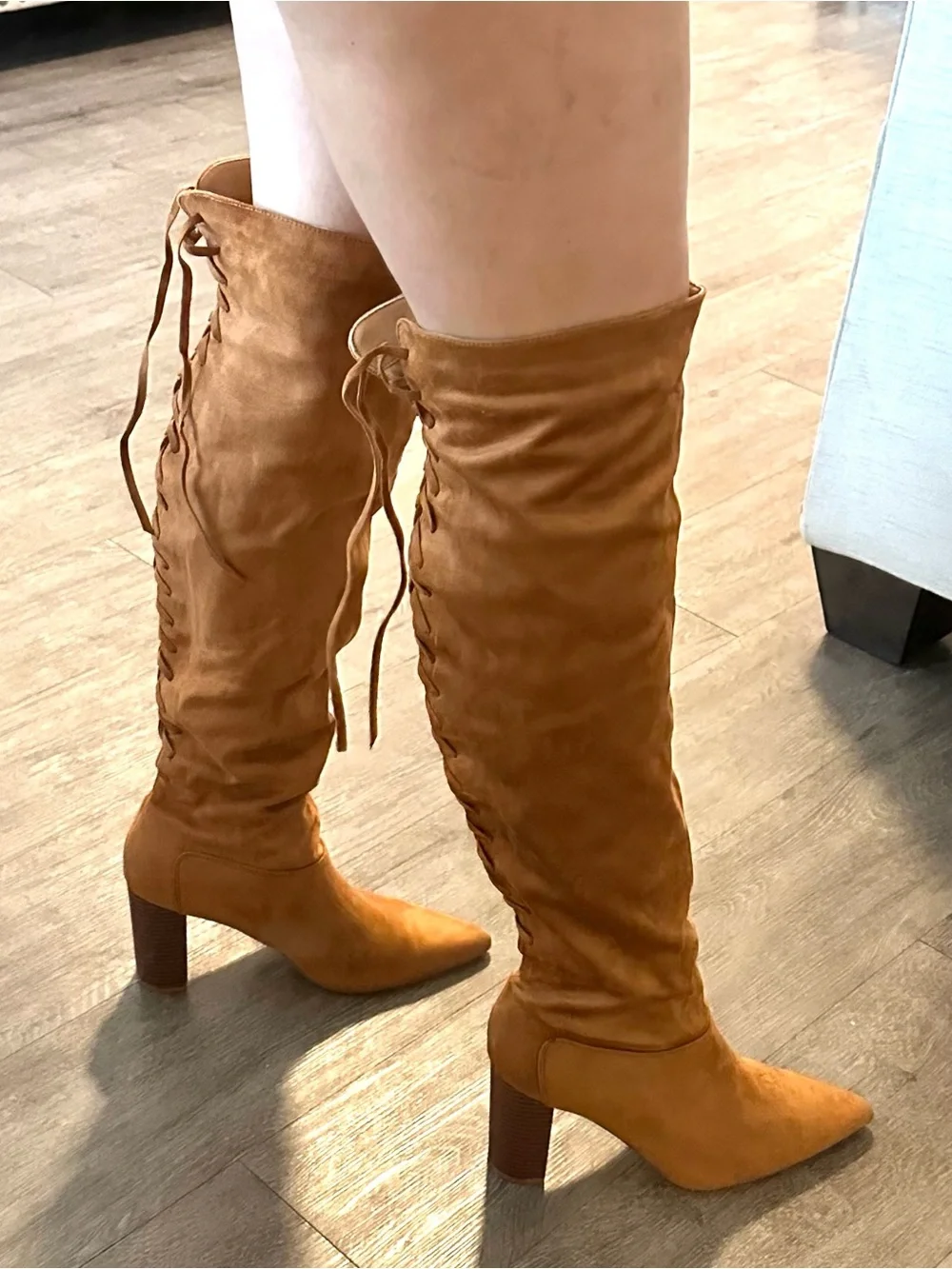 Women's Tall Suede Pointed-Toe Block Heel Boots - Tan